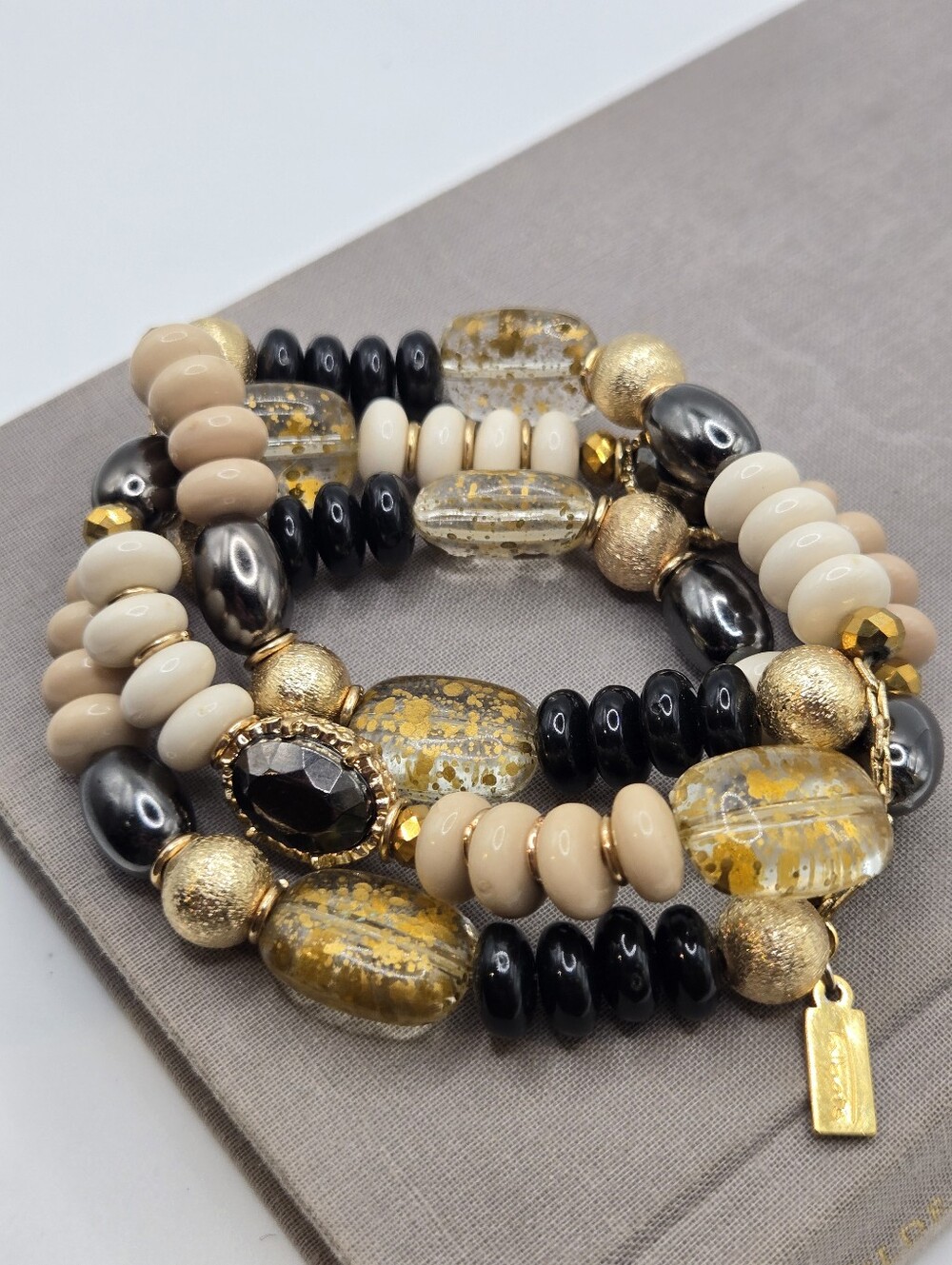 Mixed Metals Chunky Rondelle Beads Bracelet Stack Talbots Gold Fleck Boho Beachy